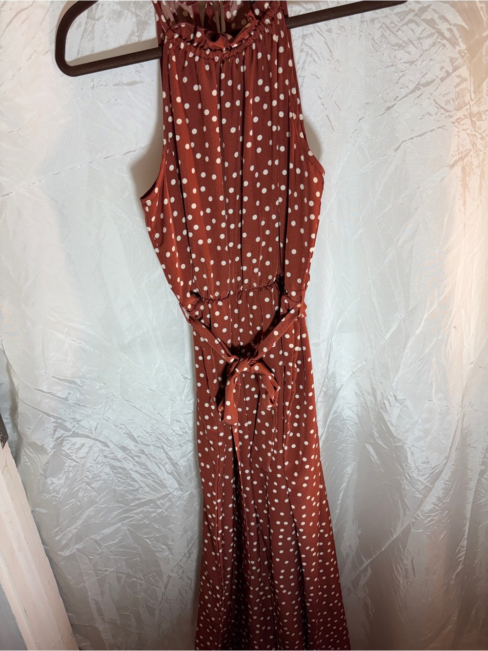Polka Dot Rust Sleeveless Maxi Jumpsuit with Tie Waist